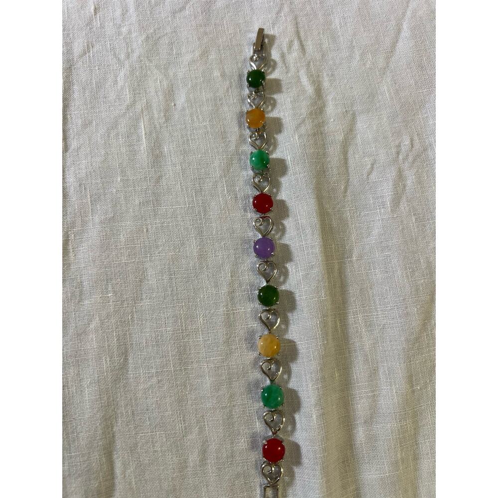 Vintage Natural Stone Jade Bracelet Metal 7” Long Colorful